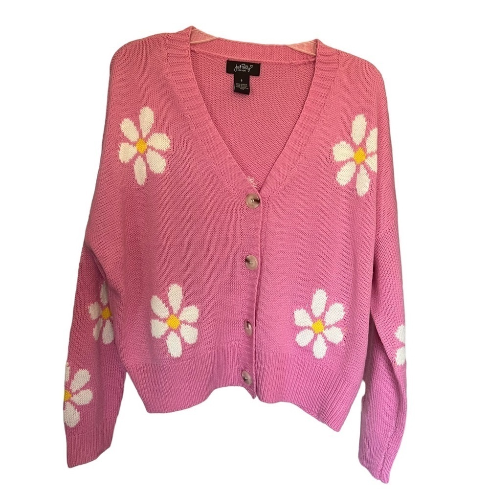 Just Polly Oversized Pink and White Daisy Floral Cardigan Women’s Size S